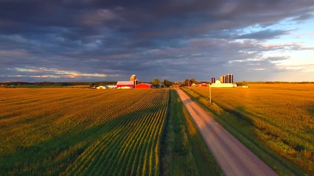A country road through farmland at sunset