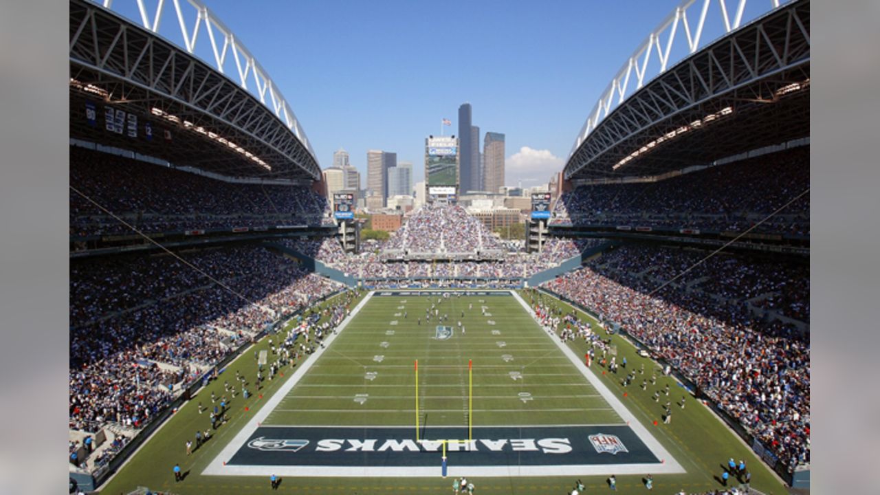 A football field in a full stadium
